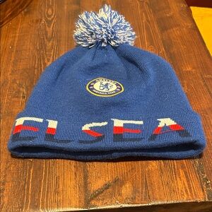 Chelsea Kids Pom Beanie Hat - Blue with White & Red Accents